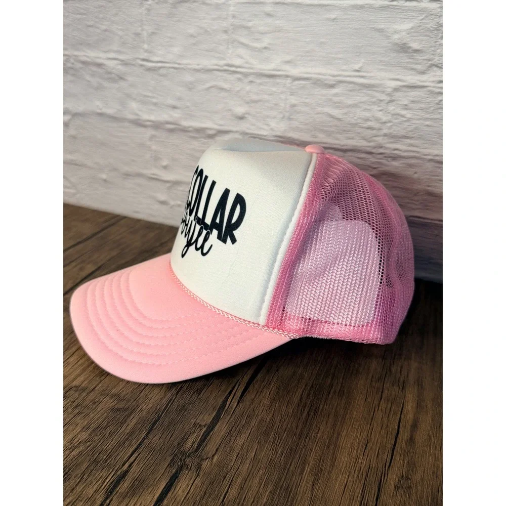 Blue Collar Boujee Trucker Hat Pink White Mesh Snapback Baseball Cap Graphic